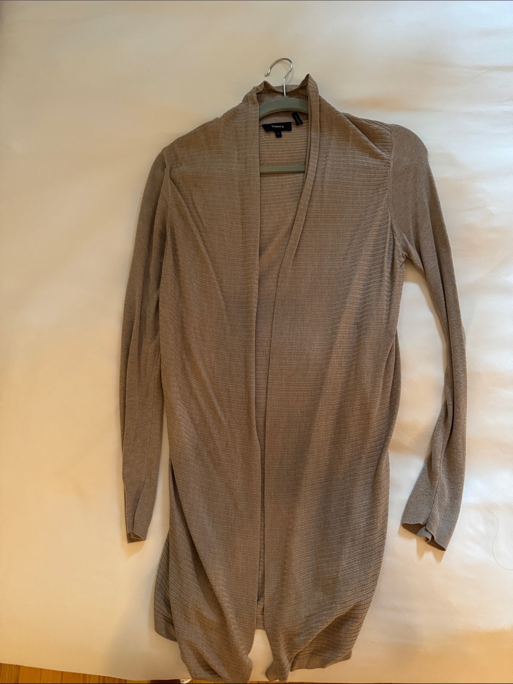 Theory Taupe Open-Front Longline Ribbed Cardigan
